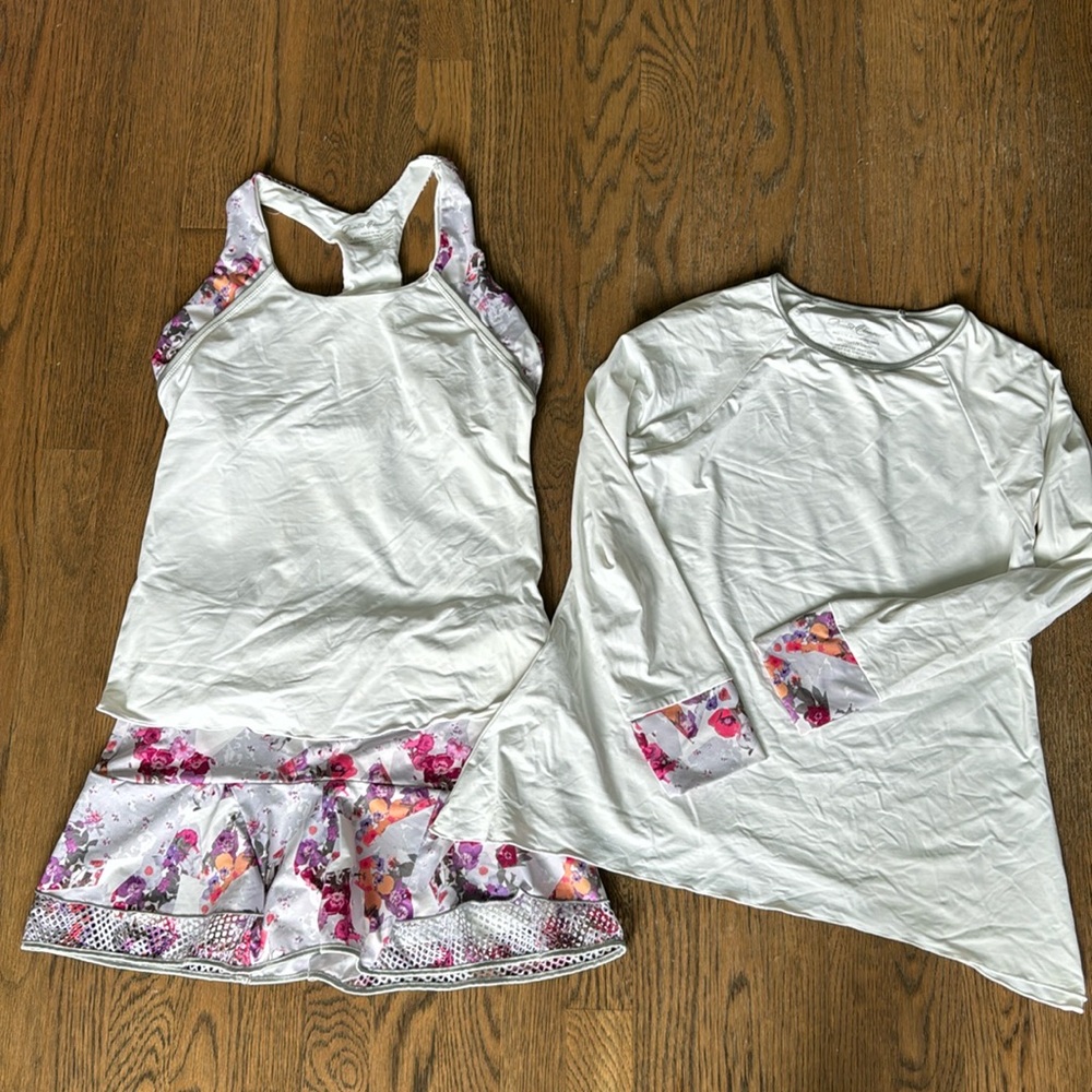 Denise Cronwall 3 piece tennis outfit skirt tank w/shelf bra & L/S top size med